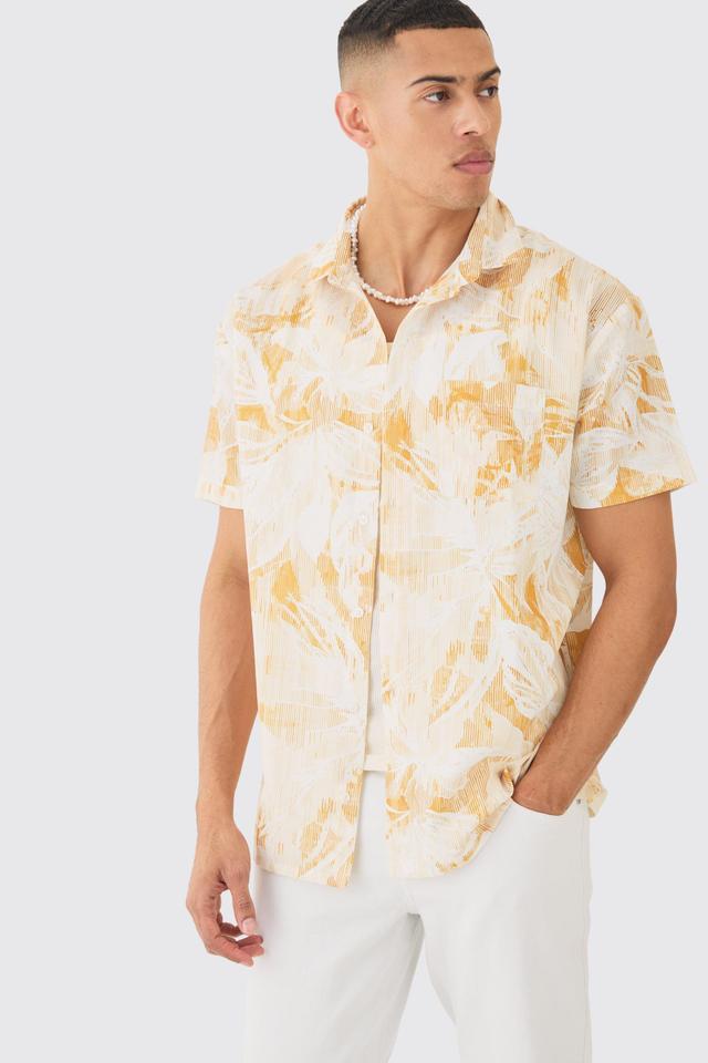 Oversized Linen Look Brush Palm Print Shirt | boohooMAN USA Product Image