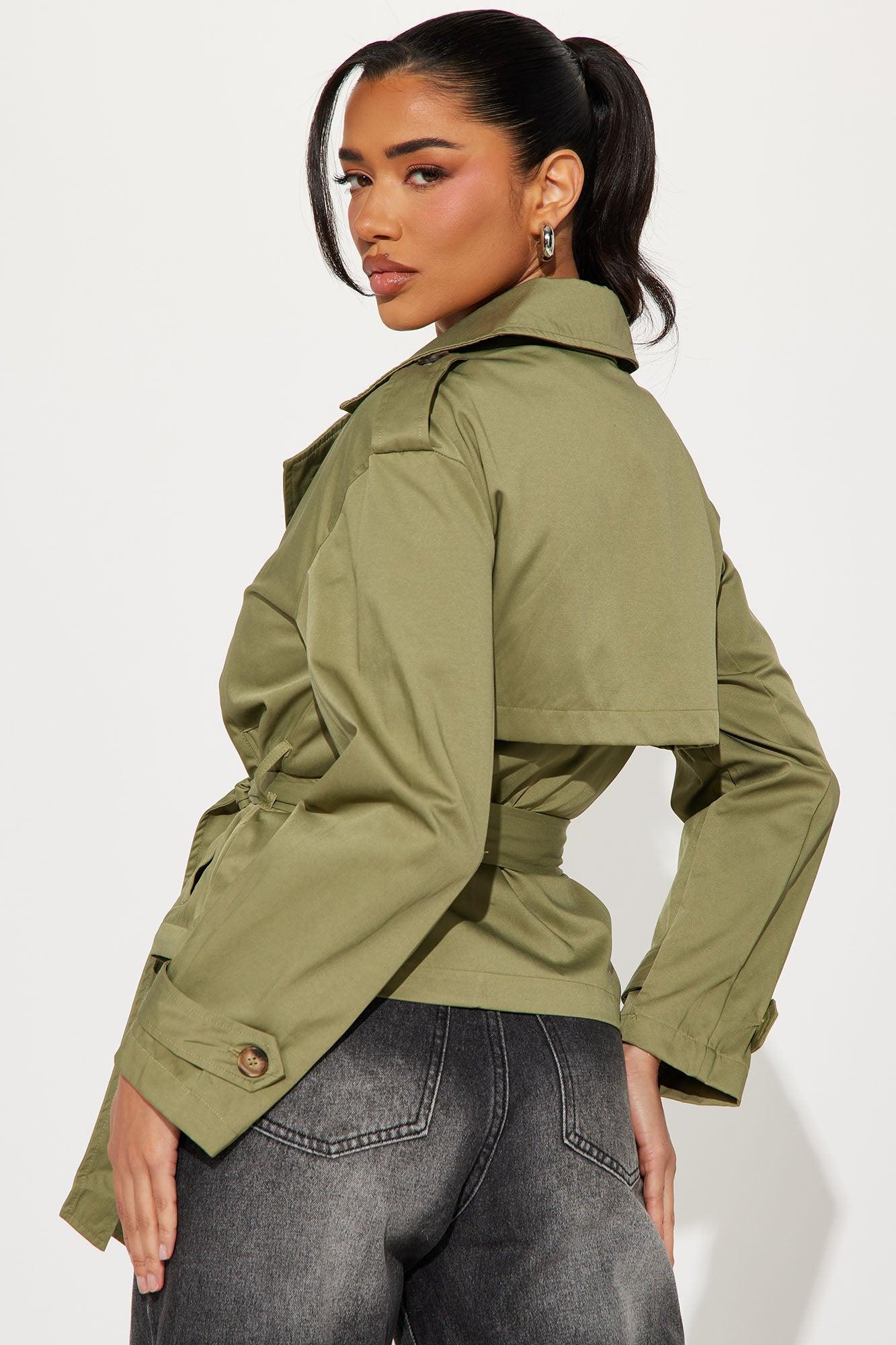 Maple Belted Cropped Trench Coat - Olive Product Image