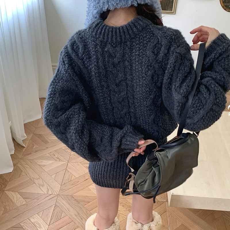 Long-Sleeve Crew Neck Plain Mini Cable Knit Sweater Dress Product Image