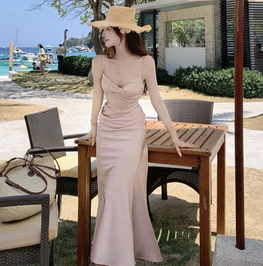 Spaghetti Strap V-Neck Plain Ruched Open Back Satin Maxi Mermaid Dress Product Image