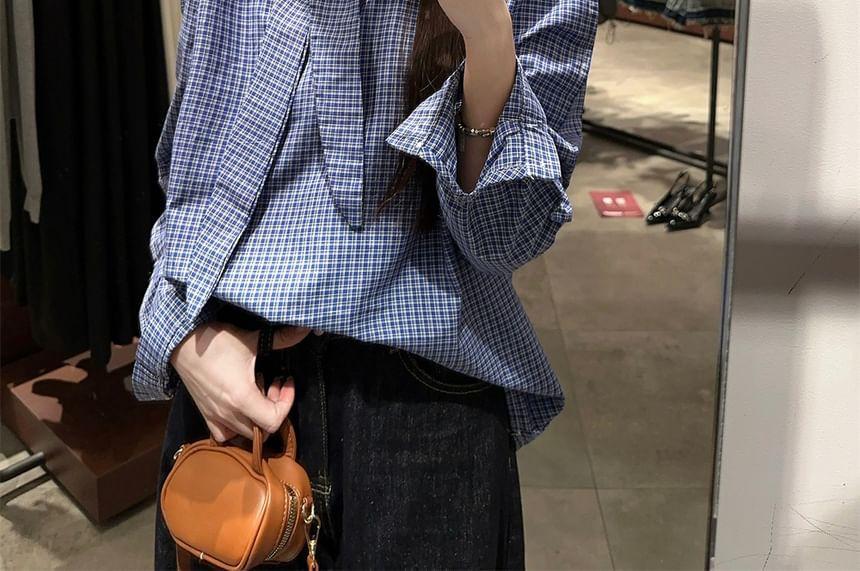 Long Sleeve Tie Neck Plaid Blouse Product Image