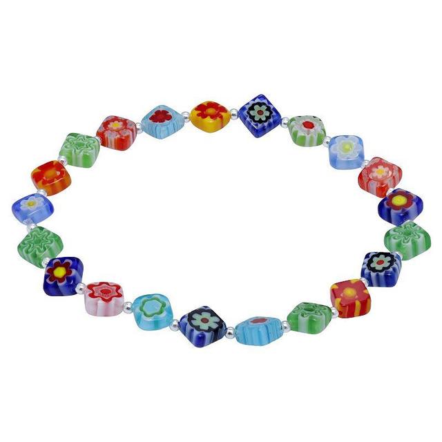 Aleure Precioso Sterling Silver Square Multi Color Glass Bead Stretch Bracelet, Womens Silver Tone Team Product Image