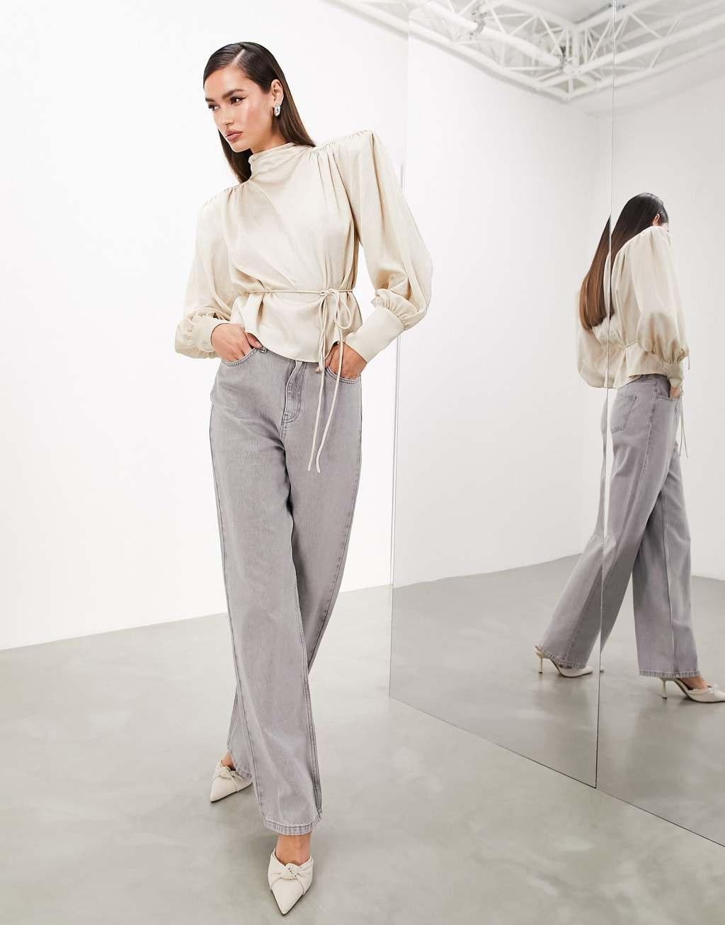 ASOS EDITION hammered satin bold shoulder cropped blouse with removable tie in ivory Product Image