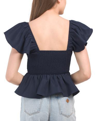 Flutter Sleeve Contrast Stitch Smocked Top for Women | Polyester Product Image