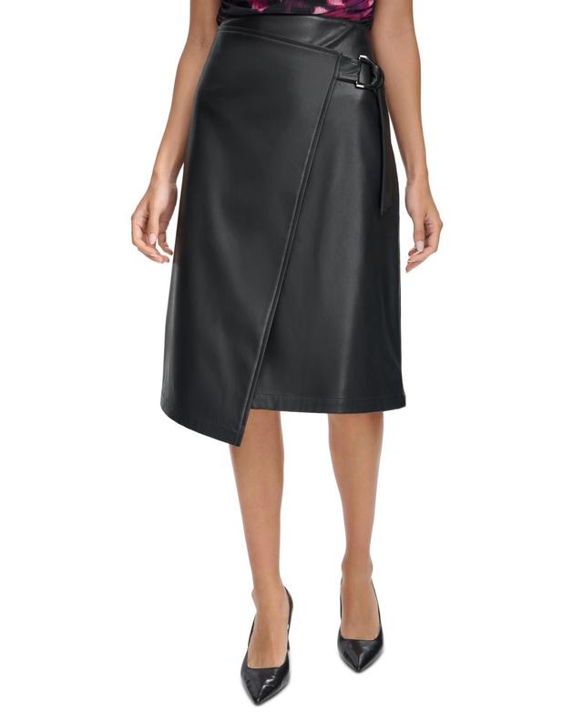 Calvin Klein Womens Faux-Leather Wrap Midi Skirt Product Image