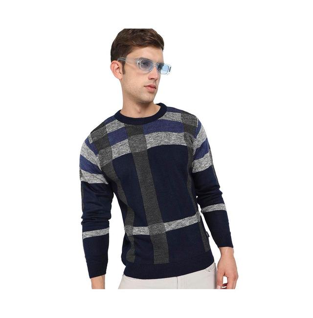 Campus Sutra Mens Blue & Grey Heathered Contrast Panel Pullover Sweater Product Image