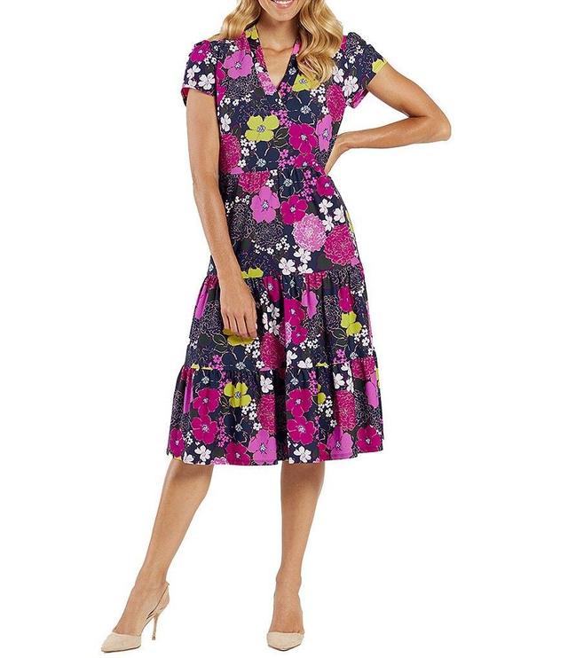 Jude Connally Libby Autumn Blooms Jude Cloth Stretch Knit V-Neck Short Puff Sleeve A-Line Tiered Dress Product Image