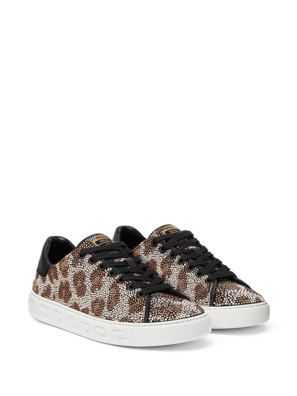 VERSACE La Greca Leopard Crystal Low-top Sneakers In Brownblack Product Image