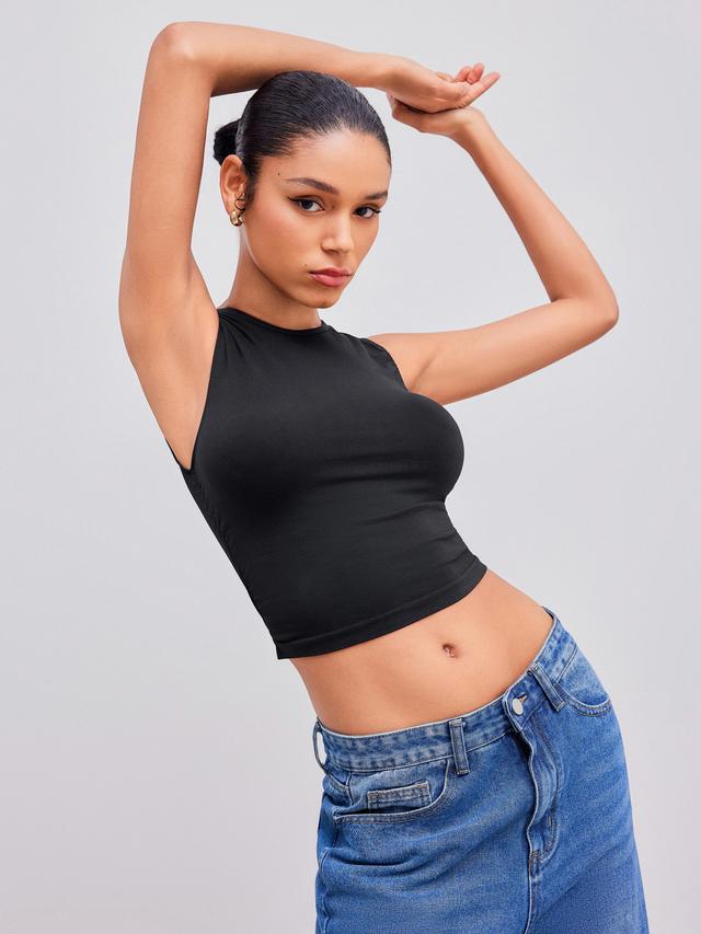 Seamless Jersey Round Neckline Solid Ruched Crop Tank Top Product Image