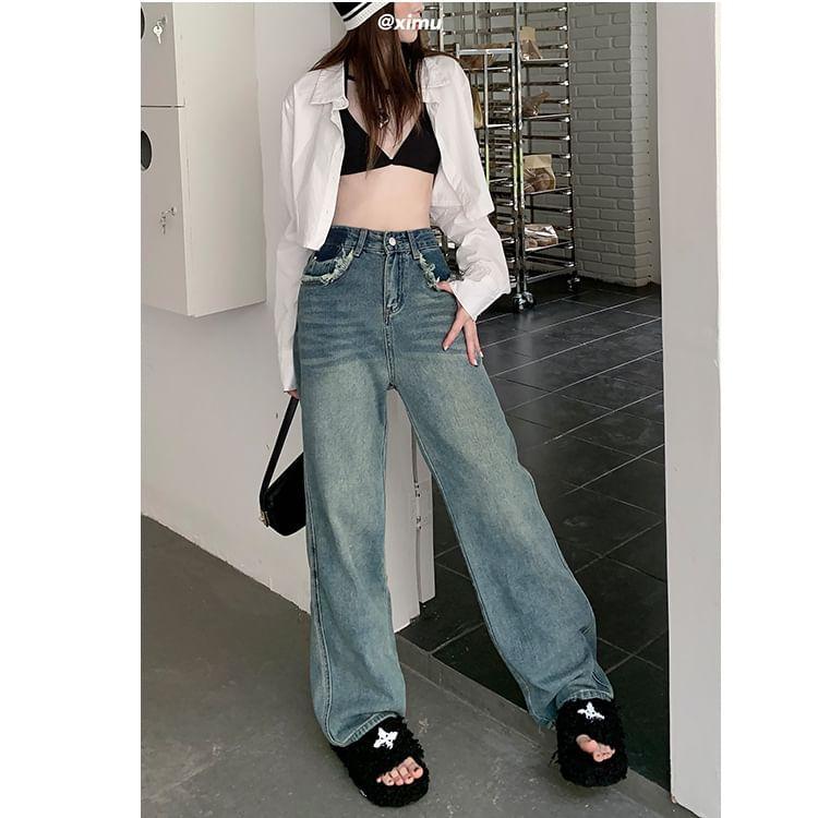 High Waist Fringed Washed Loose Fit Jeans Product Image