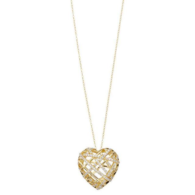 Sterling Silver 14k Yellow Gold-Plated Cubic Zirconia Knotted Ribbon Heart Pendant Necklace, Womens Gold Tone Product Image