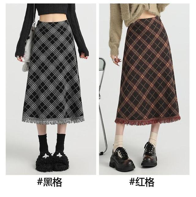 High Waist Plaid Midi A-Line Skirt Product Image