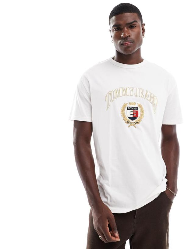 Tommy Jeans gold crest logo t-shirt in off white Product Image