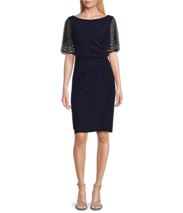 Alex Evenings Metallic Knit Short Illusion Embellished Flutter Sleeve Scoop Neck Ruched Sheath Dress Product Image