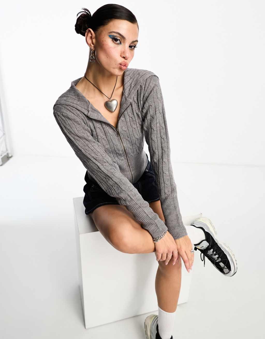 COLLUSION cable knit oversized collar zip through sweater in gray heather Product Image