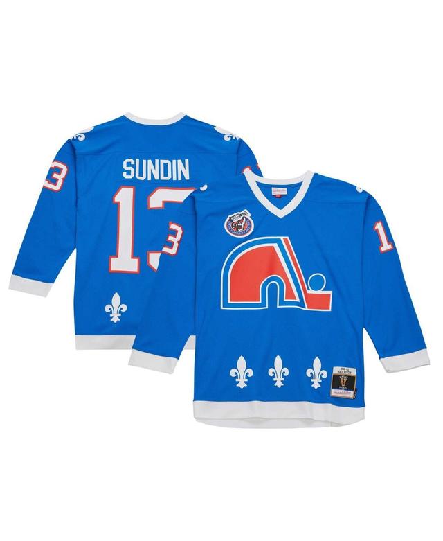 Mens Mitchell & Ness Mats Sundin Blue Distressed Quebec Nordiques Vintage-Like Hockey 1992/93 Blue Line Player Jersey - Blue Product Image