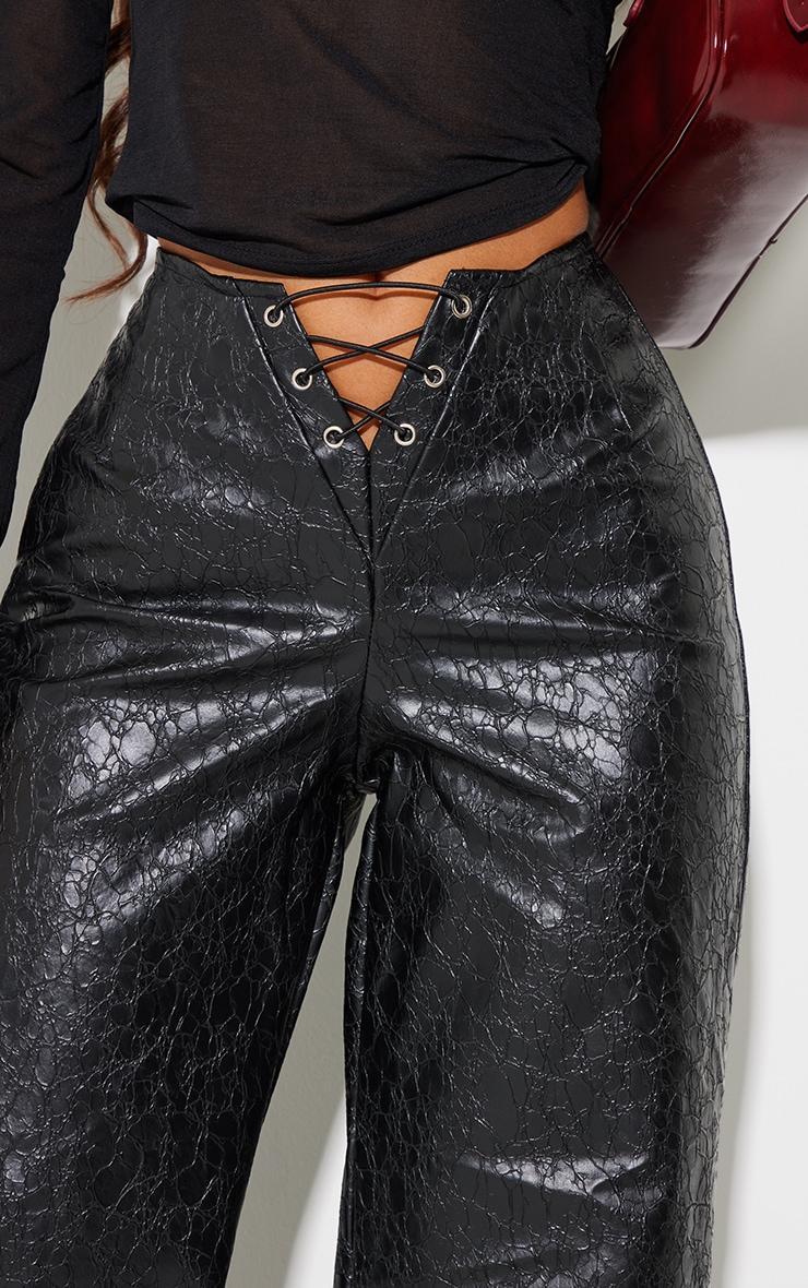 Petite Black Faux Leather Cracked Effect Lace Up Wide Leg Pants Product Image