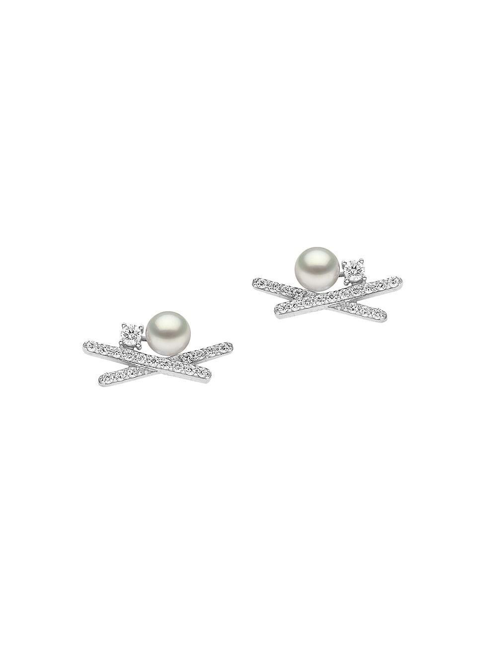 Womens Sleek 18K White Gold, 4-4.4MM Akoya Pearl & Diamond Stud Earrings Product Image