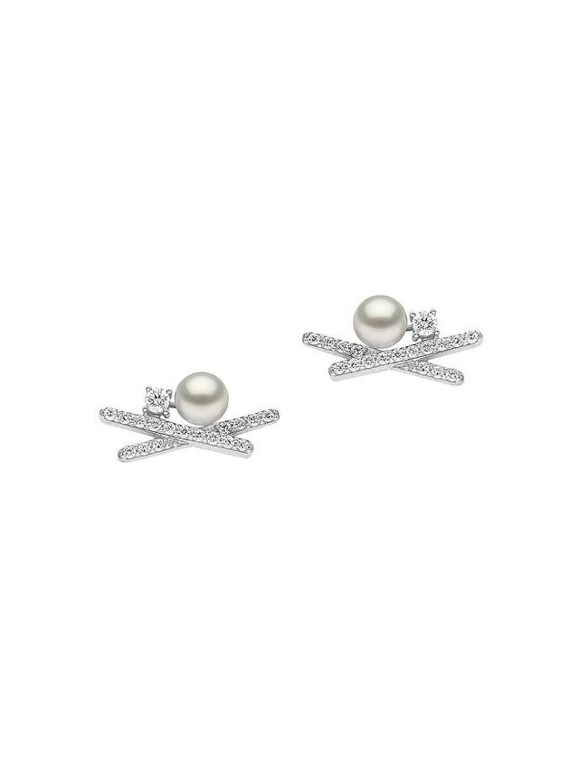 Womens Sleek 18K White Gold, 4-4.4MM Akoya Pearl & Diamond Stud Earrings - White Gold - White Gold Product Image