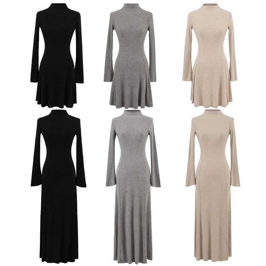 Long-Sleeve High Neck Plain Midi Knit Dress (Various Designs) Product Image