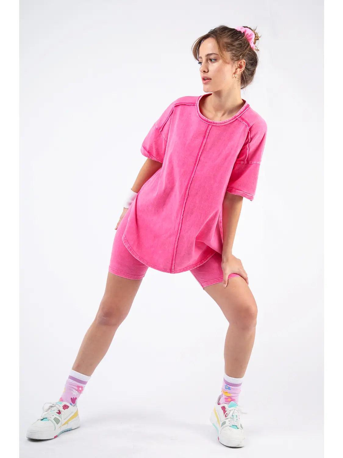 Pink Washed Stretchy Knit Activewear Top & Shorts Female Product Image