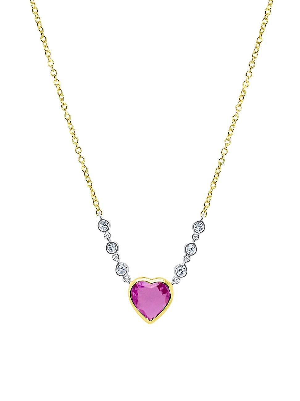 Womens 14K Yellow Gold, Diamond & Pink Sapphire Heart Necklace Product Image