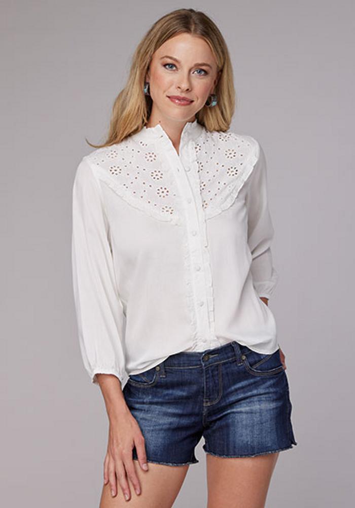 Roper® Ladies' White 3/4 Sleeve Eyelet Yoke Blouse product image