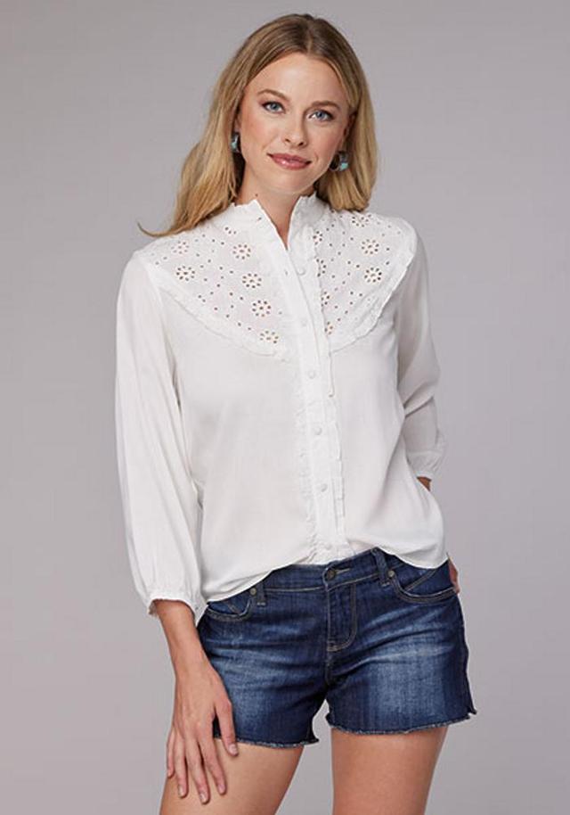 Roper® Ladies' White 3/4 Sleeve Eyelet Yoke Blouse Product Image