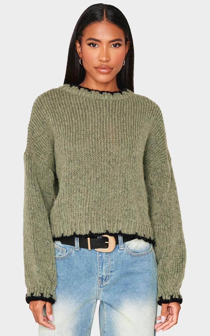 Olive Blanket Stitch Oversized Knit Sweater Product Image