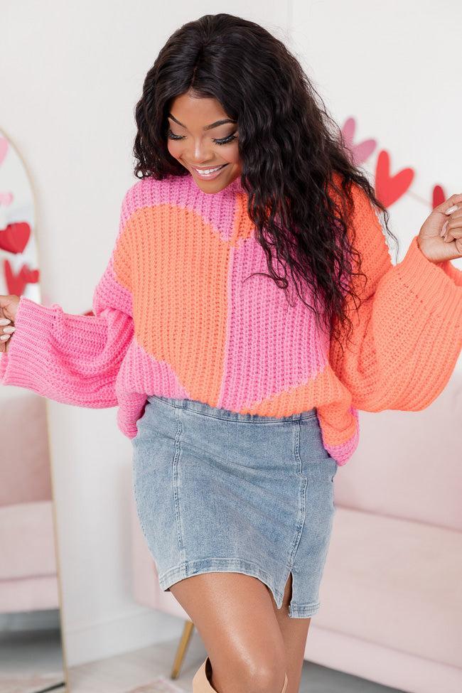 Love Me Now Orange And Pink Colorblock Heart Sweater FINAL SALE Product Image