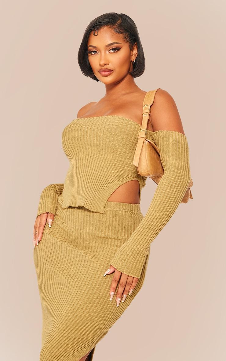 Shape Khaki Knit Bardot Split Side Detail Top Product Image