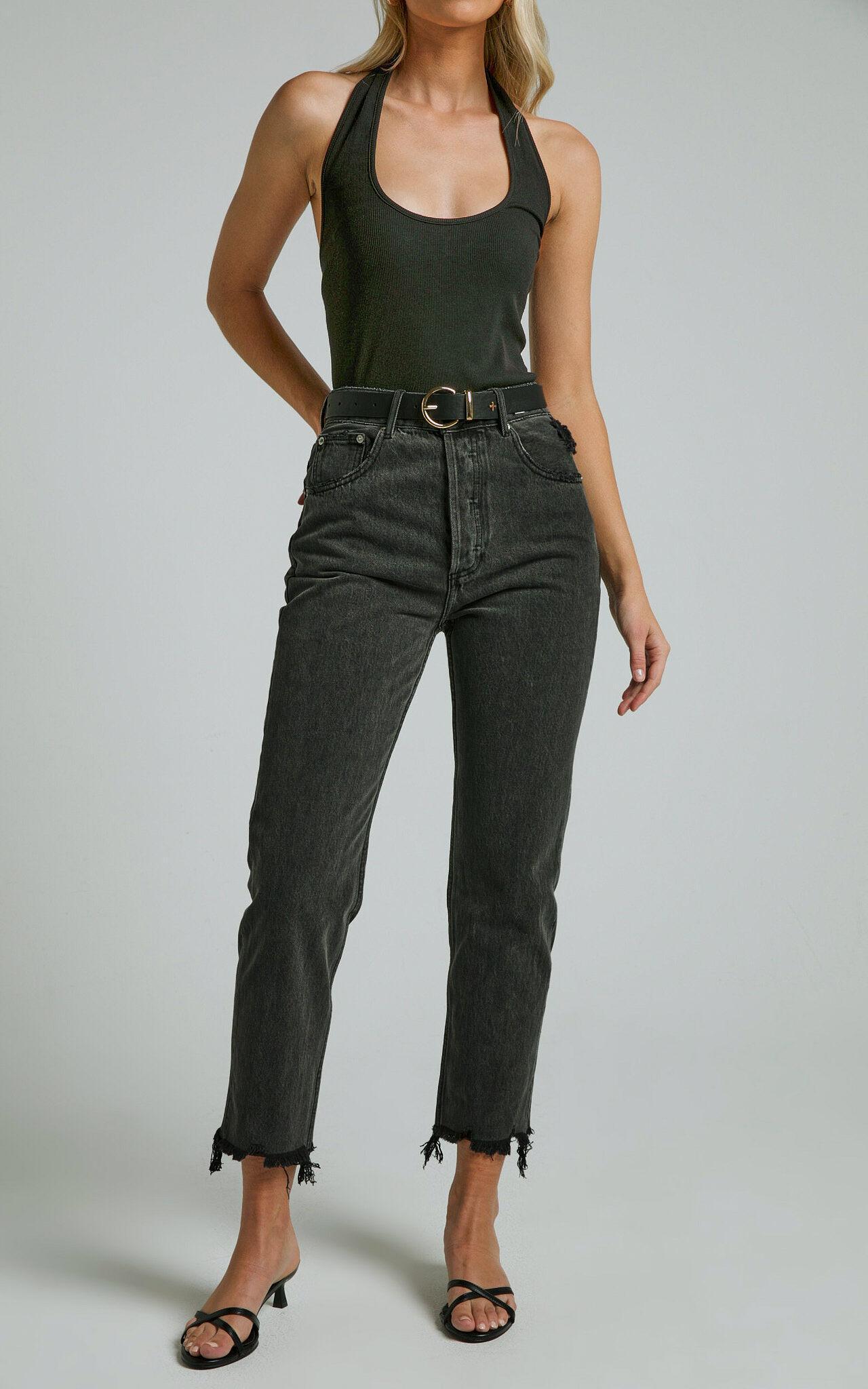 Zelrio Jeans - High Waisted Recycled Cotton Cropped Denim Jeans in Washed Black Product Image