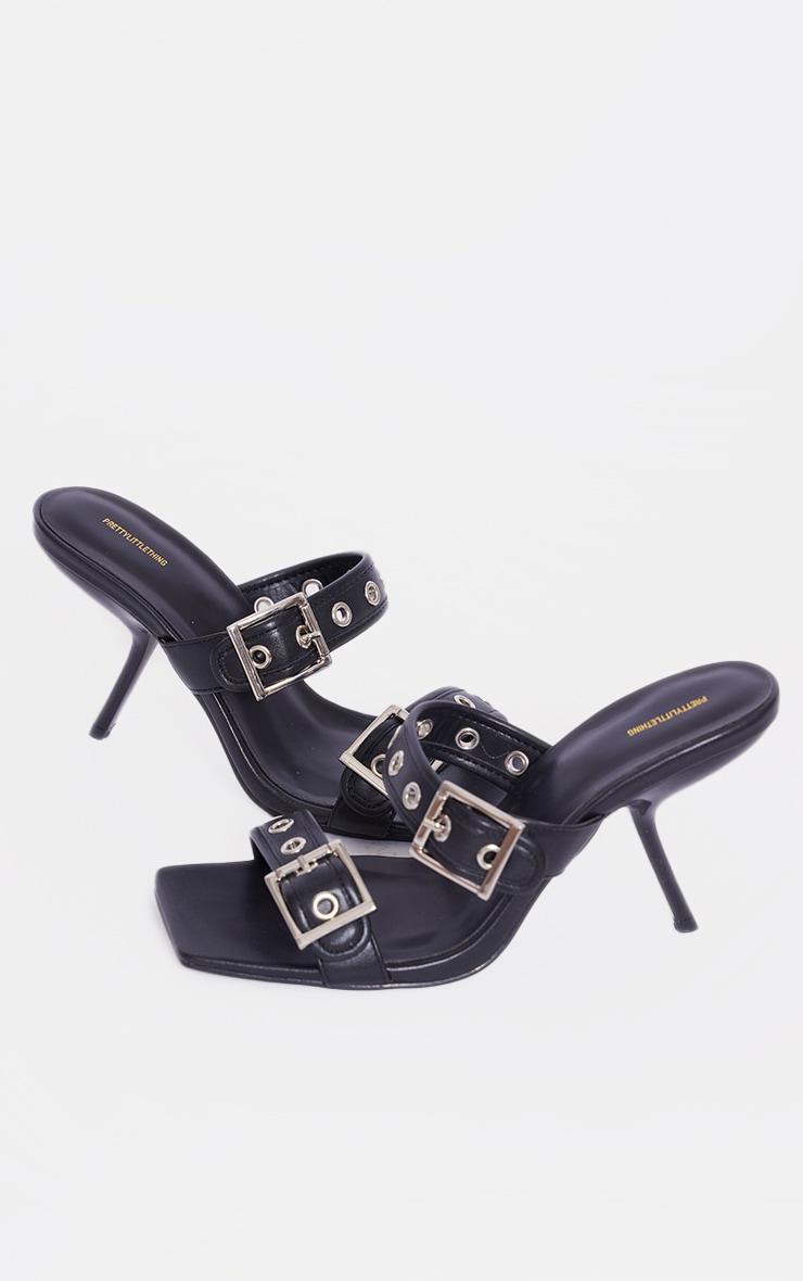 Black Faux Leather Square Toe Double Buckle Mid Heeled Mules Product Image