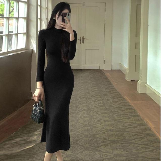 Long-Sleeve Mock Neck Plain Midi Sheath Dress Product Image