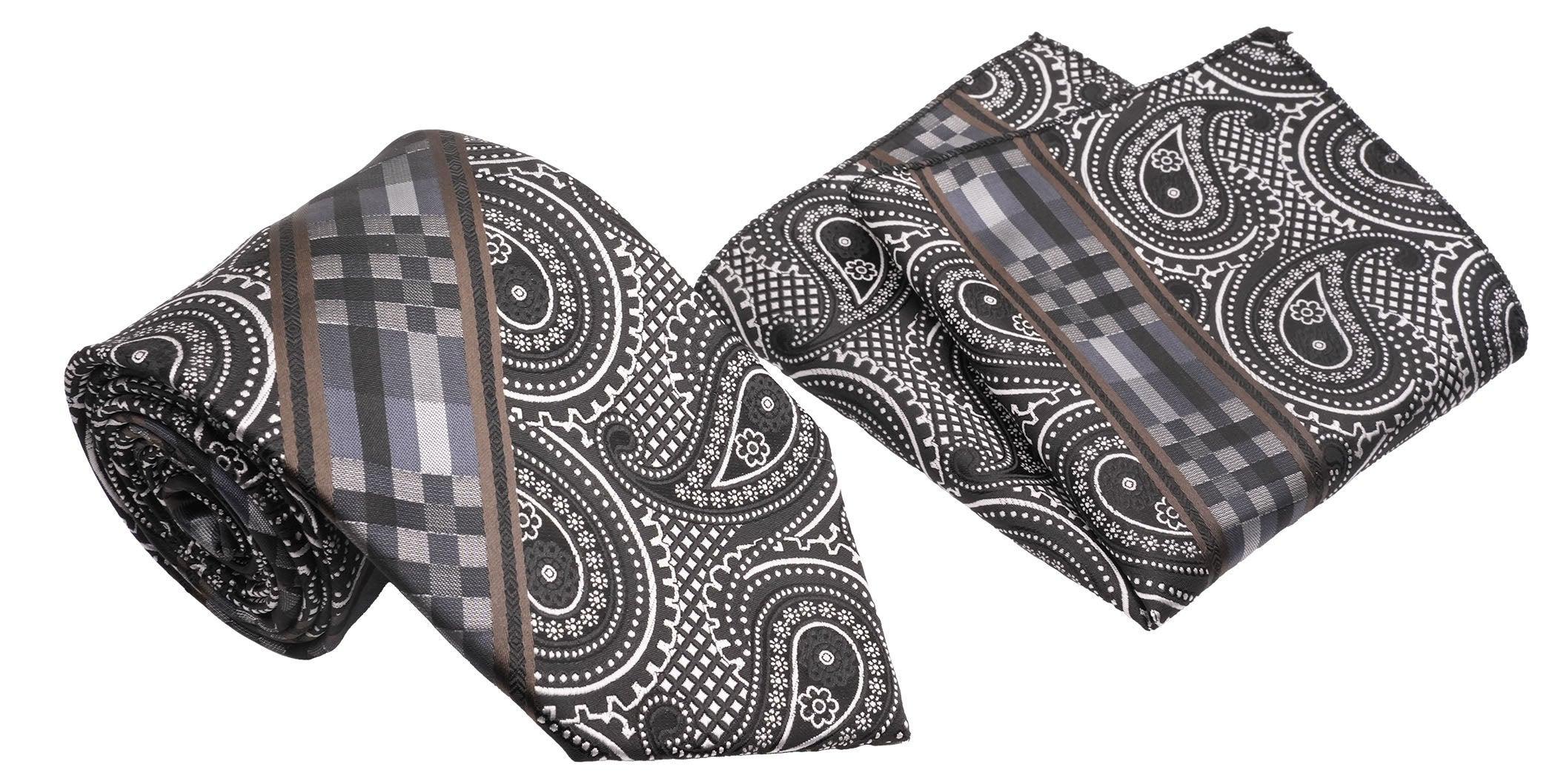 Black Brown Plaid and Paisley Pattern Men's Classic Tie and Pocket Square Set Male Product Image