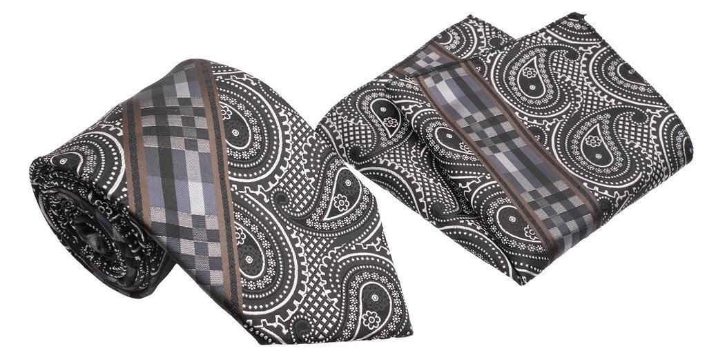 Black Brown Plaid and Paisley Pattern Men's Classic Tie and Pocket Square Set Product Image