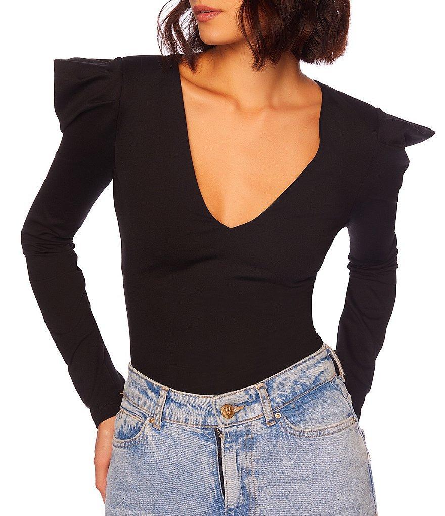 Susana Monaco V-Neck Long Sleeve Ruffled Shoulder Top Product Image