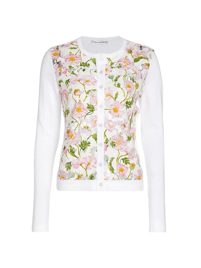 Oscar de la Renta Mixed Botanical Print Lace Front Cardigan Product Image