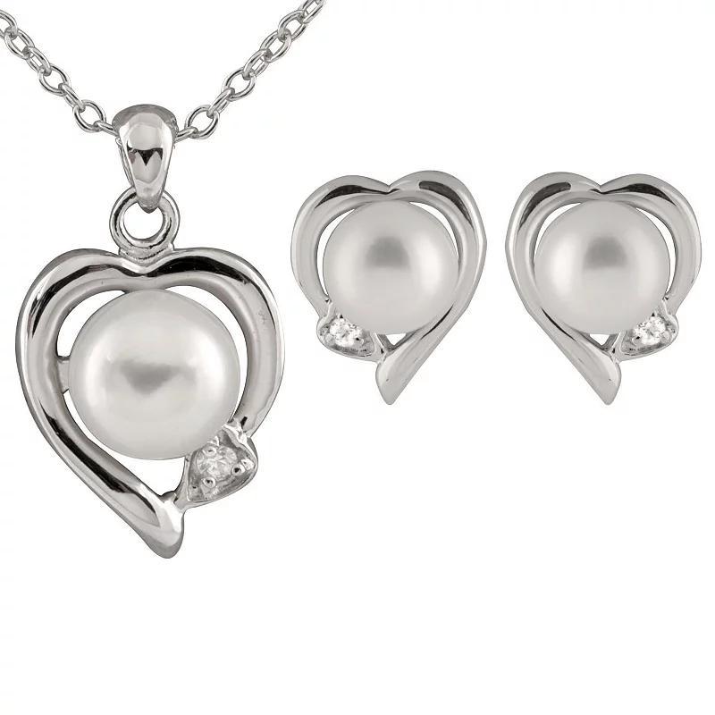 Sterling Silver Freshwater Cultured Pearl Heart Pendant & Earring Set, Womens White Product Image