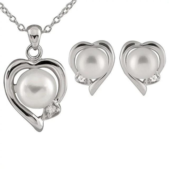 Sterling Silver Freshwater Cultured Pearl Heart Pendant & Earring Set, Womens White Product Image