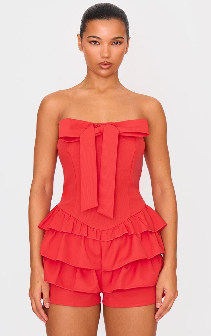 Red Bandeau Bow Detail Bloomer Skort Romper Product Image