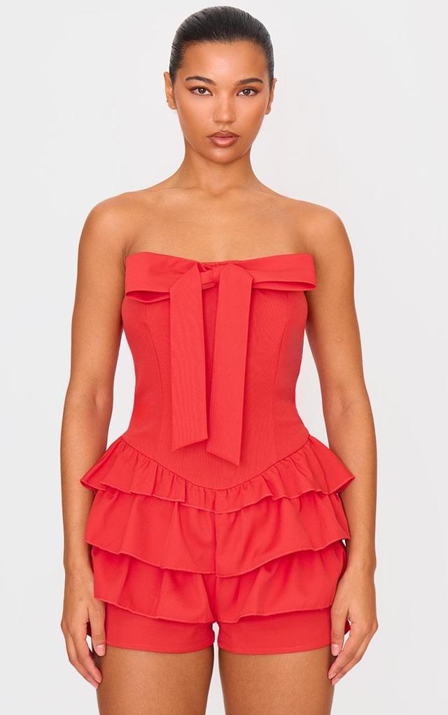 Red Bandeau Bow Detail Bloomer Skort Romper Product Image