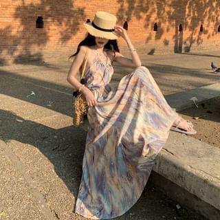 Halter Patterned Print Ruched Maxi A-Line Dress Product Image