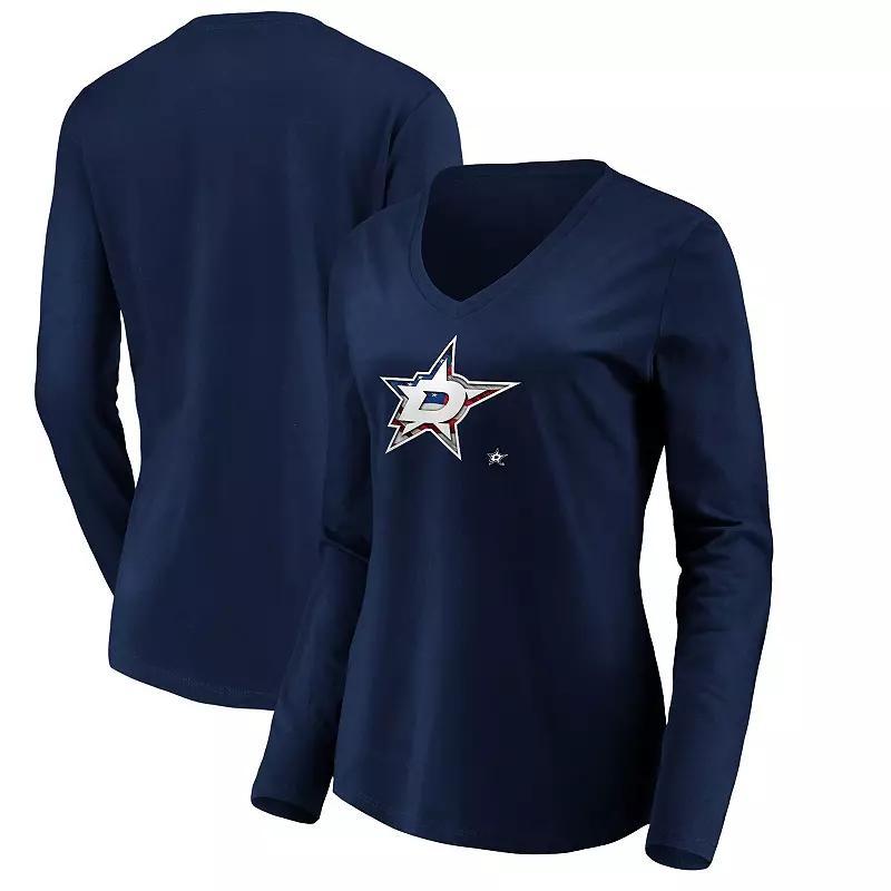 Womens Navy Dallas Stars Banner Wave Logo Long Sleeve V-Neck T-Shirt Str Blue Product Image