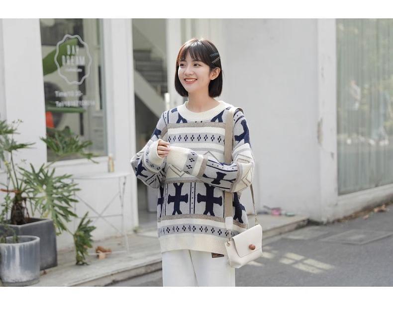 Crew Neck Patterned Oversized Sweater Product Image