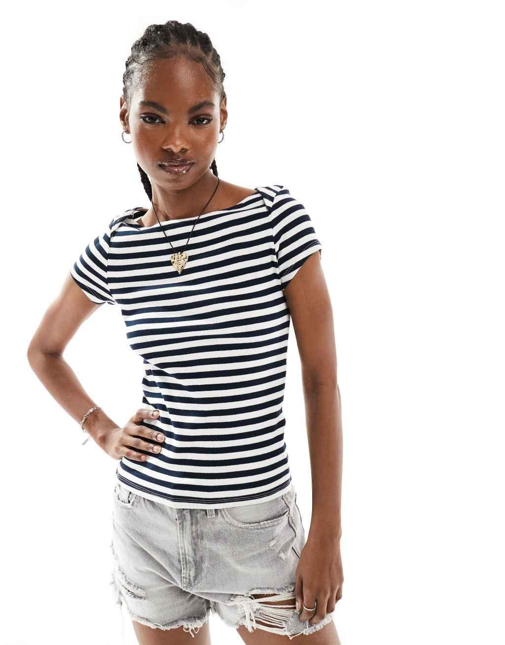 Monki fitted short sleeve top with boat neck in navy and white stripe Product Image