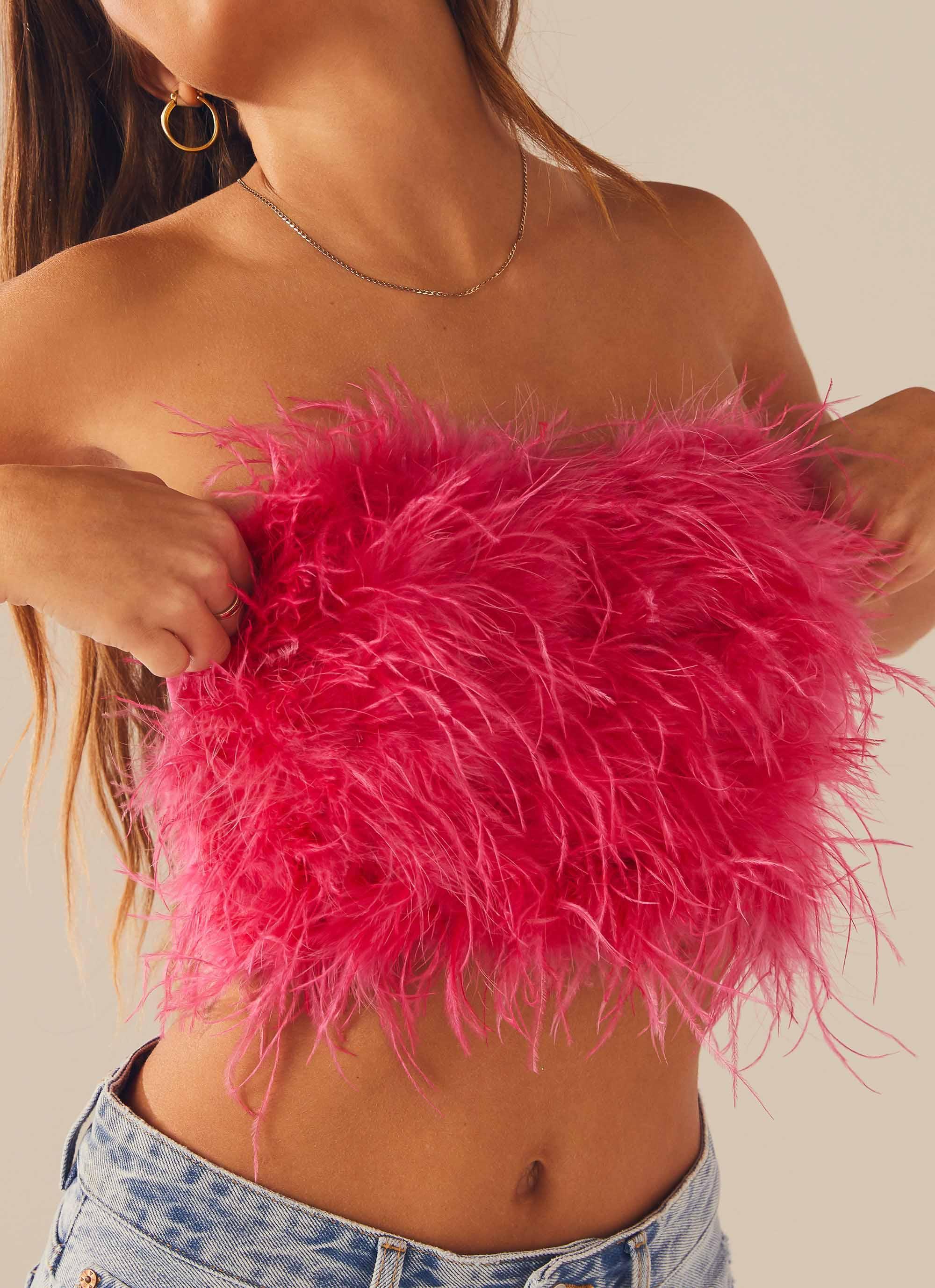 The Night Is Ours Feather Crop Top - Pink Cosmo Product Image