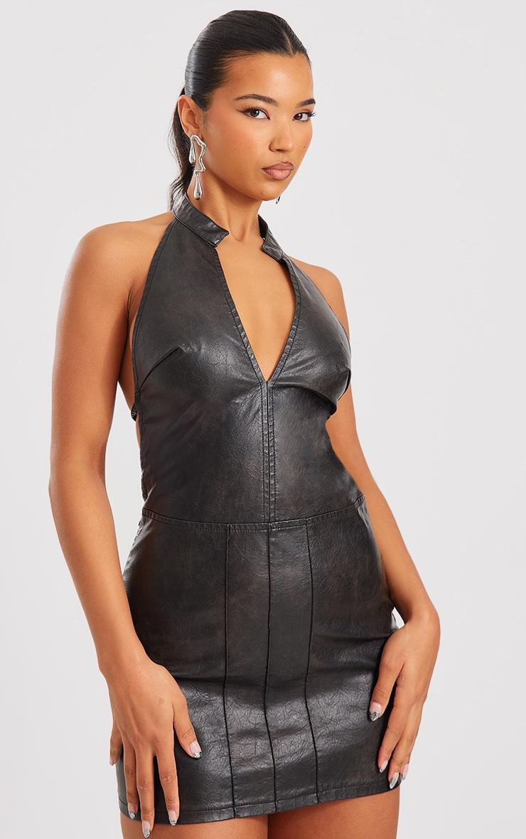 Black Faux Leather Halterneck Low Back Bodycon Dress Product Image