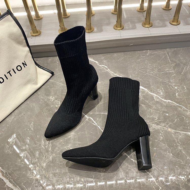 Chunky Heel Pointed Toe Plain Short Sock Boots product image