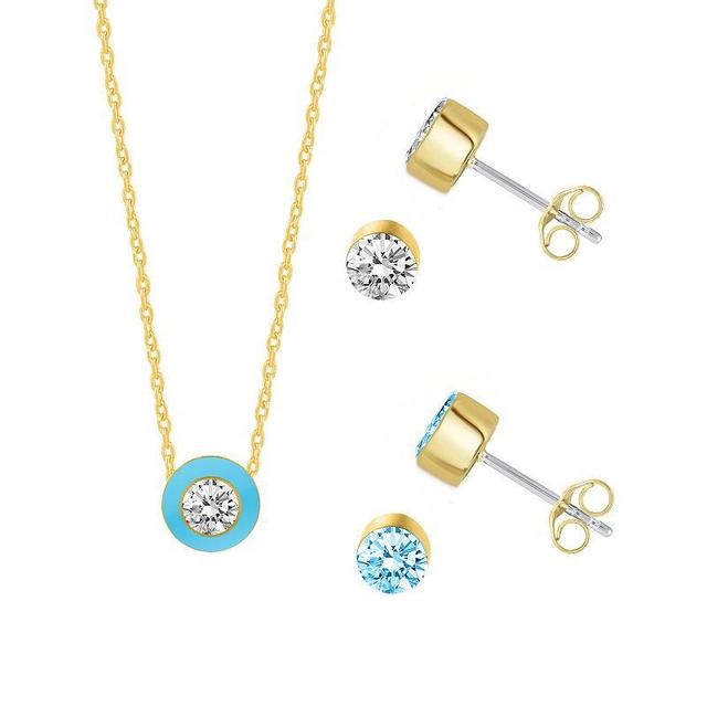 Royal Aura Blue Enamel Necklace & Crystal Stud Earring Trio Set, Womens Gold Tone Blue Product Image